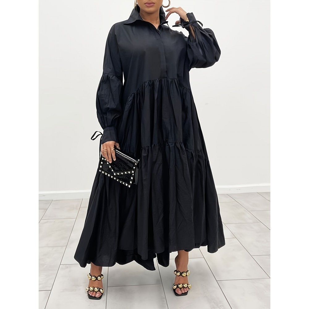 Flattering Plus Size Solid Color Maxi Dress - Refined Collar, Flowy Ruffle Hem, Long Sleeve Design - Perfect for Spring & Fall - Comfortable, Stylish Womens Wear for All Occasions