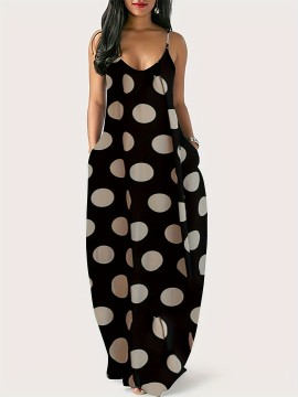 Plus Size Polka Dots Print Tank Dress, Elegant Sleeveless Slant Pockets Strap Dress For Spring & Summer, Women's Plus Size Clothing