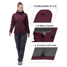 Softshell Jacket for Women, Casual Plush Lined Warm Hooded Windproof Coat with Adjustable Hood and Drawcord Hem for Winter Fall Outdoor Hiking