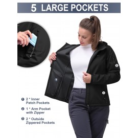 Softshell Jacket for Women, Casual Plush Lined Warm Hooded Windproof Coat with Adjustable Hood and Drawcord Hem for Winter Fall Outdoor Hiking