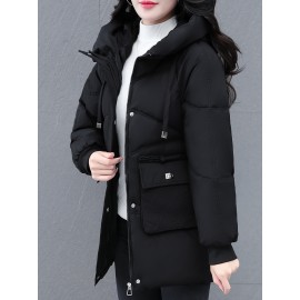 1pc Winter Women'S Casual Hooded Coat, Thickened Cotton Jacket with Zipper, Solid Color Polyester Non-Stretch Regular Length Outerwear