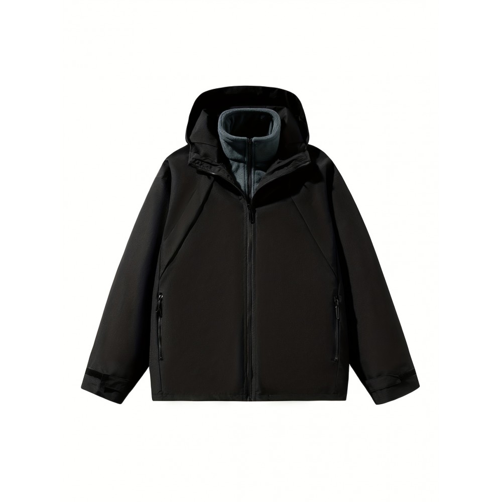 Women's Plus Size 3-in-1 Hooded Windbreaker - Fall/Winter Fashion Jacket with Pockets, Polyester, Long Sleeve, Zip-Up, H-Style