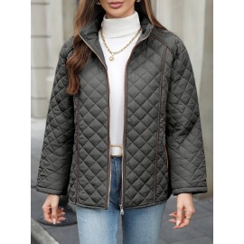 Women's Oversized Polyester Coat, Casual Hug Fit, Small Stand Collar, Long Sleeve, Zipper Closure, Autumn And Winter Warm Coat