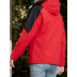 Women's Plus Size Outdoor 3-in-1 Jacket, Colorblock Waterproof Hooded Zip-up Windbreaker, Ideal For Autumn/Winter Hiking & Sports
