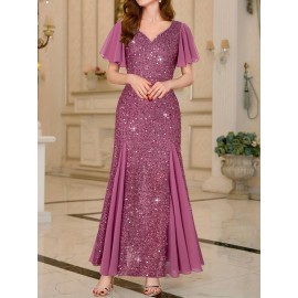 Elegant Sequin Sweetheart Neck Maxi Dress - Bodycon Fit, Micro Elastic Polyester, Puff Sleeves, Solid Color, Hand Wash - Perfect for Party & Banquet, Womens Clothing