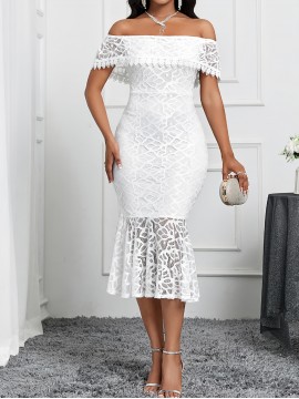 Lace Splicing Of Shoulder Formal Dress, Elegant Mermaid Hem Evening Dress For Party & Banquet, Women's Clothing