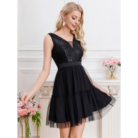Sequin Plunging Cinched Waist Dress, Elegant Sleeveless Layered Mesh Hem Tank Dress For Party & Banquet, Women's Clothing