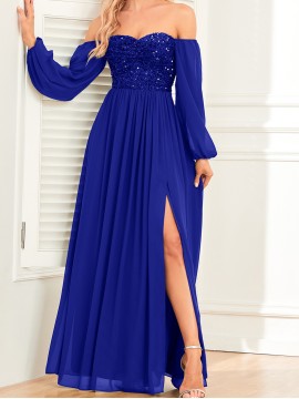 Women's Elegant Long-Sleeved Dress - Solid Color, Multi-Wear, One-Shoulder, High Slit, Tie, Fully Lined, Sequined Chiffon, Perfect for Wedding, Party, Cocktail Events