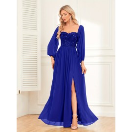 Women's Elegant Long-Sleeved Dress - Solid Color, Multi-Wear, One-Shoulder, High Slit, Tie, Fully Lined, Sequined Chiffon, Perfect for Wedding, Party, Cocktail Events