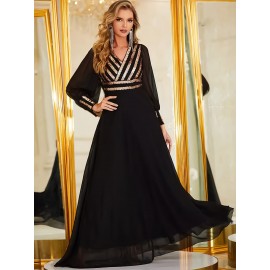 Elegant V-Neck Long Sleeve Dress with Sequin Detail - Polyester & Elastane Blend, Perfect for Parties & Banquets