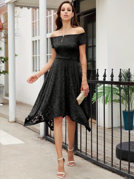 Women's Lace Cocktail Dress Hi-Lo Off Shoulder Bridesmaid Swing Formal Party Dress