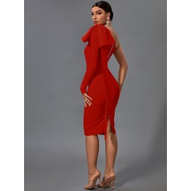Women's Fashion Sexy Temperament Elegant Tight One Shoulder Long Sleeve Mid-Length Bandage Dress Party Cocktail Evening Dress