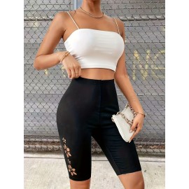 High Waist Skinny Stretchy Shorts, Floral Hollow Out Casual Solid Color Shorts For Spring & Summer, Women's Clothing