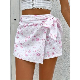 Womens Elegant High Waist Solid Color Eyelet Wrap Tie Skort - Lace Up, Micro Elastic Polyester Fabric, No Printing, Woven, Summer Vacation Style - Comfortable and Chic Short Skort for Women