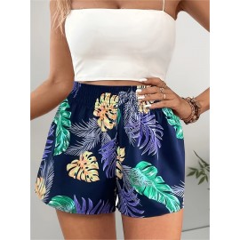 Stylish Women's Leaf Print Wide Leg Shorts - Casual Shirred Elastic High Waist Shorts for Spring & Summer